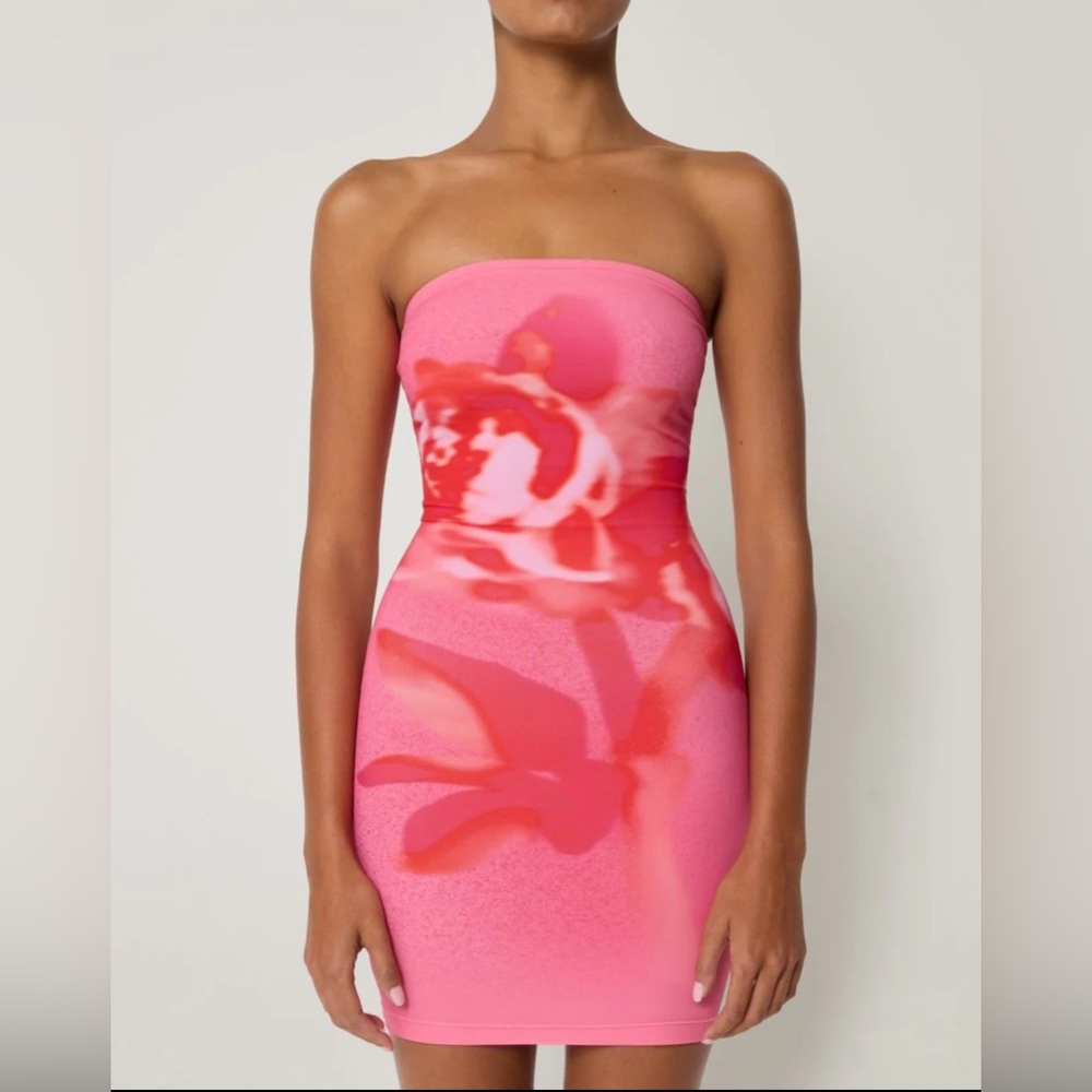 Vibrant Pink Floral Strapless Mini Dress